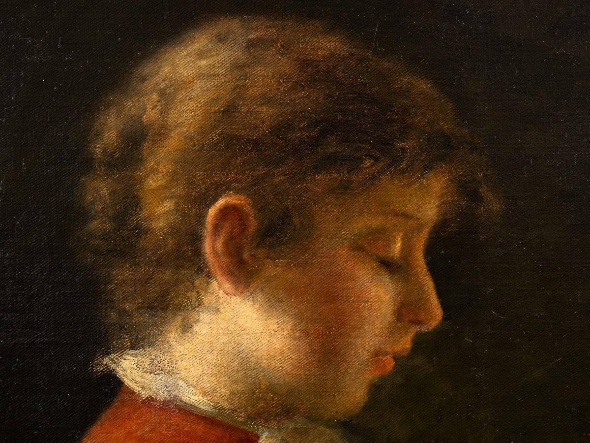 Giovanni Polli, Portrait Of A Young Girl Embroidering, Oil On Canvas-photo-1