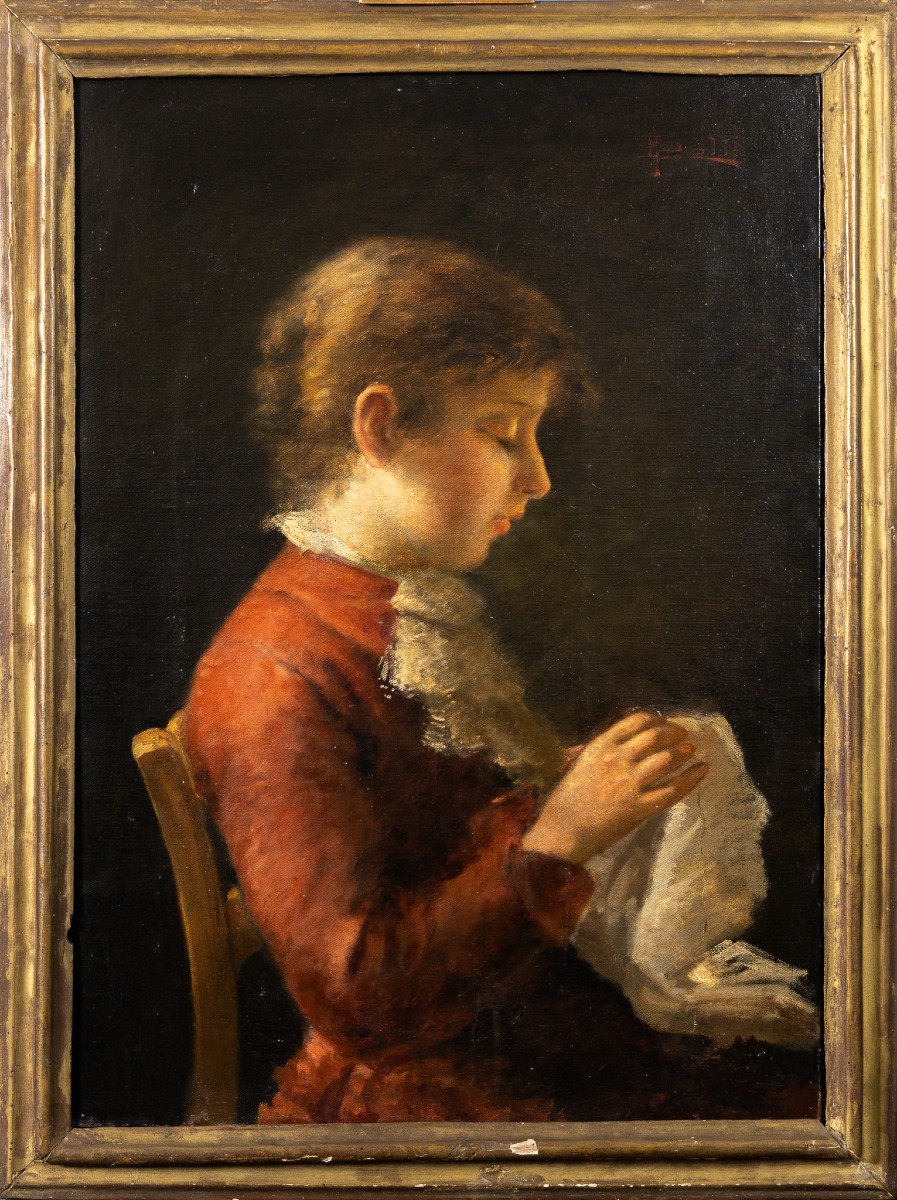 Giovanni Polli, Portrait Of A Young Girl Embroidering, Oil On Canvas