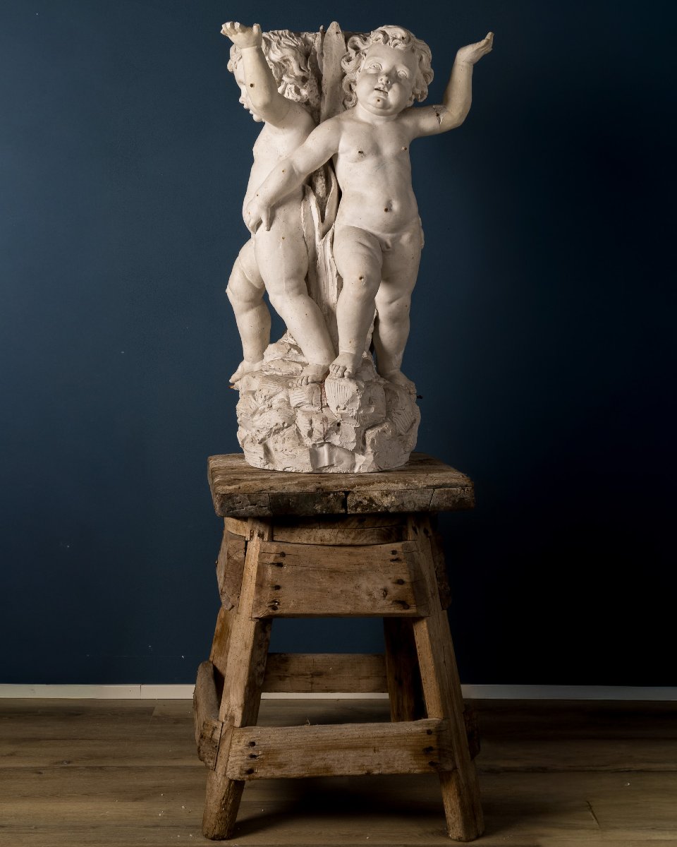 Important Plaster Sculptural Model Featuring Three Cherubs Holding A Basin, Italy, 19th Century-photo-4