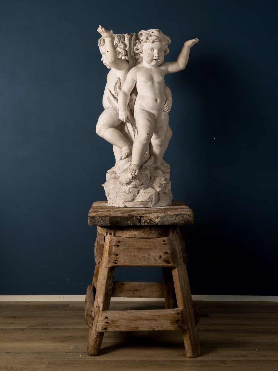 Important Plaster Sculptural Model Featuring Three Cherubs Holding A Basin, Italy, 19th Century-photo-1
