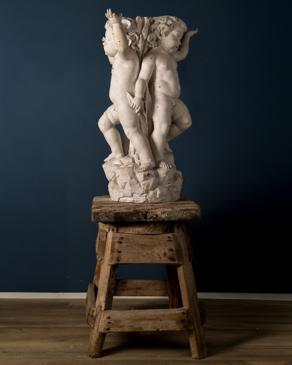 Important Plaster Sculptural Model Featuring Three Cherubs Holding A Basin, Italy, 19th Century-photo-2