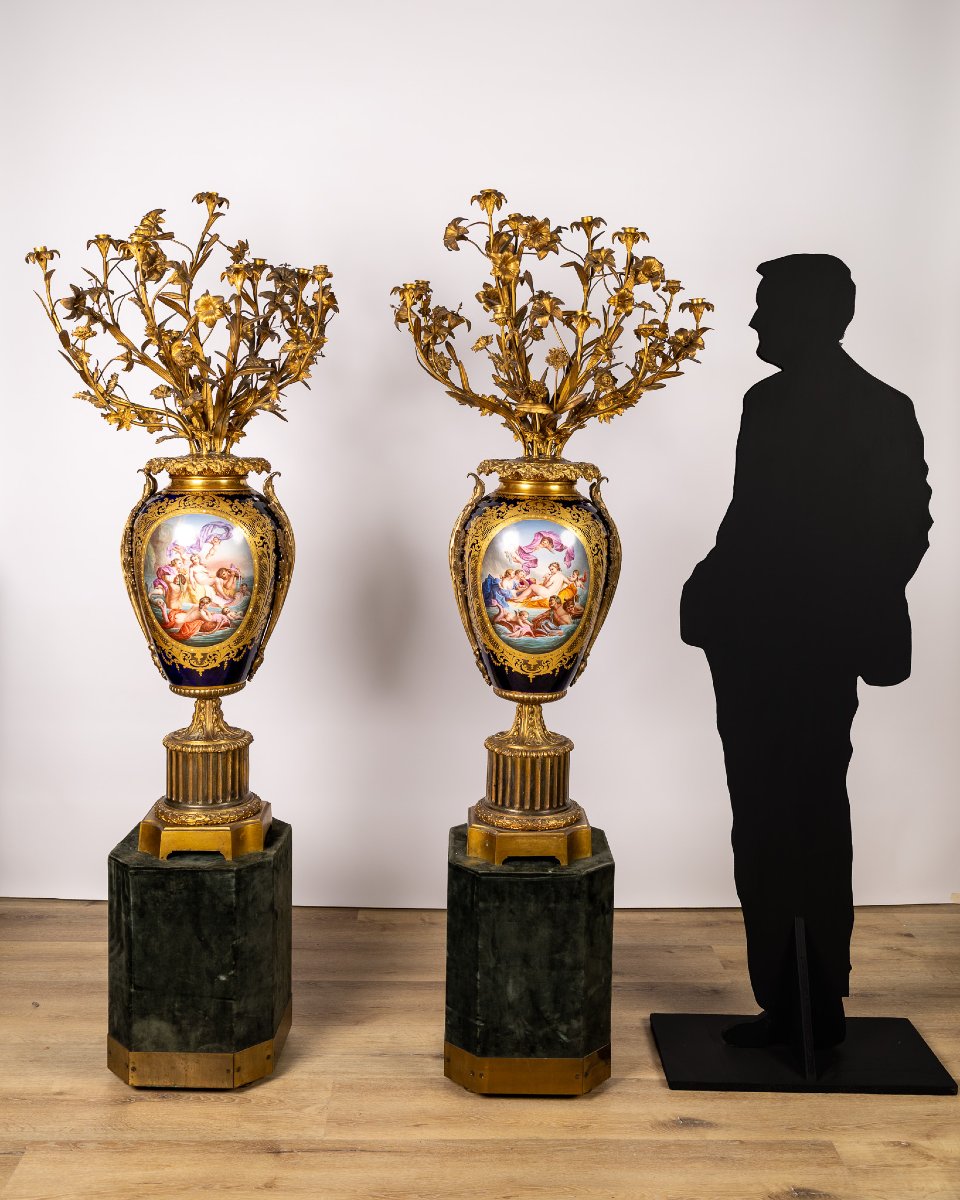 Pair Of Large Sèvres Porcelain And Gilt Bronze Vases With Floral Bouquets, France 19th Century-photo-3