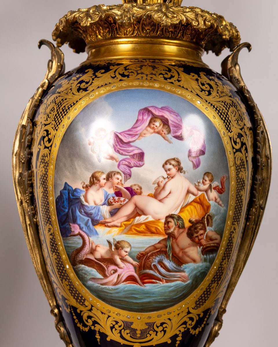 Pair Of Large Sèvres Porcelain And Gilt Bronze Vases With Floral Bouquets, France 19th Century-photo-4