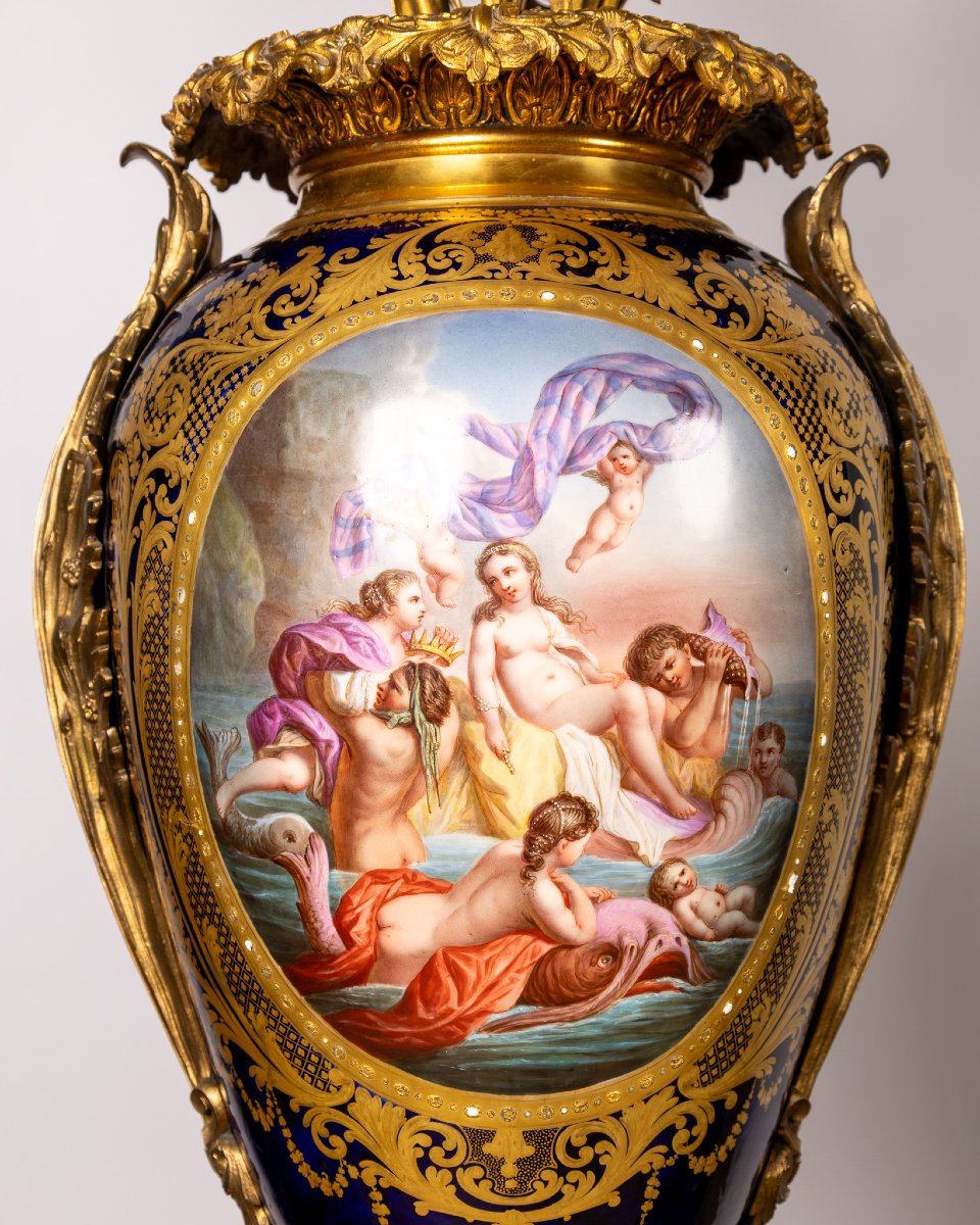 Pair Of Large Sèvres Porcelain And Gilt Bronze Vases With Floral Bouquets, France 19th Century-photo-1