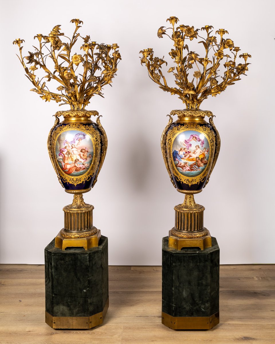 Pair Of Large Sèvres Porcelain And Gilt Bronze Vases With Floral Bouquets, France 19th Century