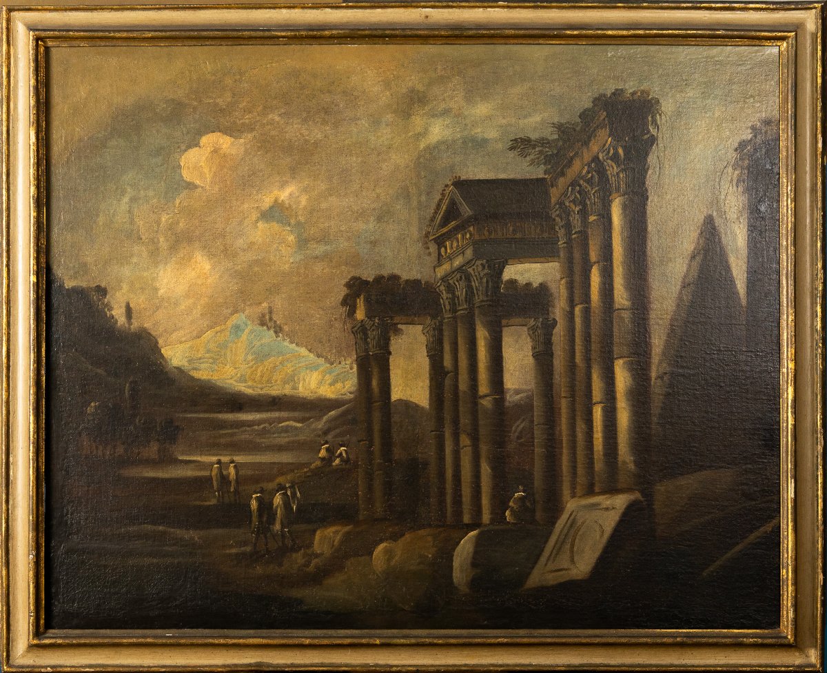 Paire de capriccios architecturaux romains, XVIIe siècle, huiles sur toile, cadres anciens-photo-2