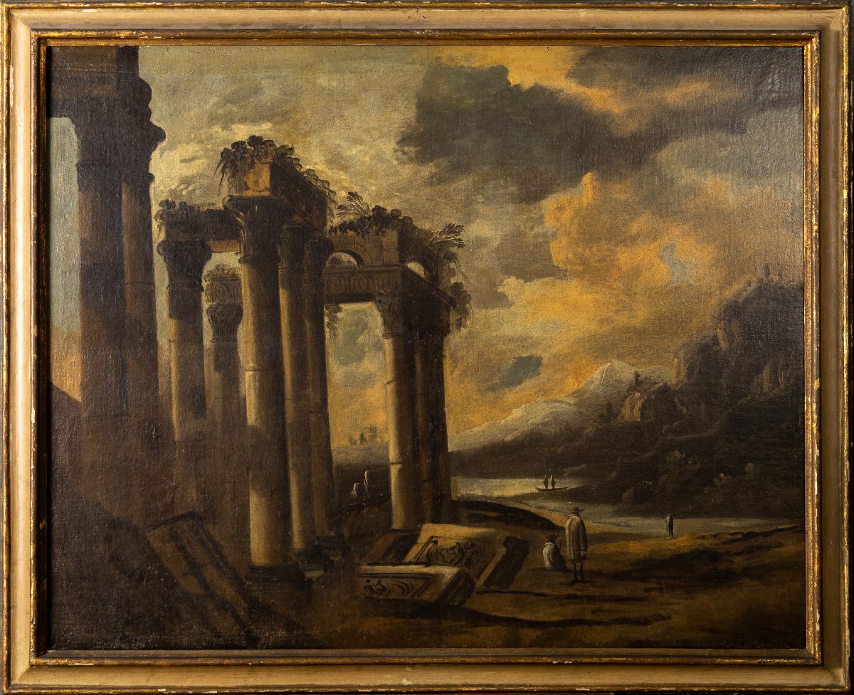 Paire de capriccios architecturaux romains, XVIIe siècle, huiles sur toile, cadres anciens-photo-3
