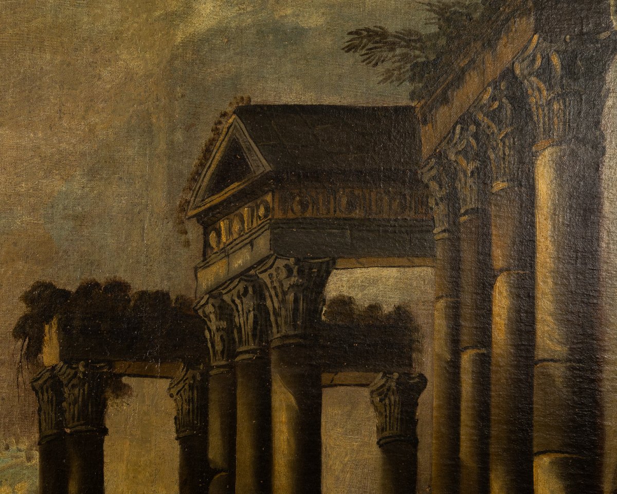 Paire de capriccios architecturaux romains, XVIIe siècle, huiles sur toile, cadres anciens-photo-5