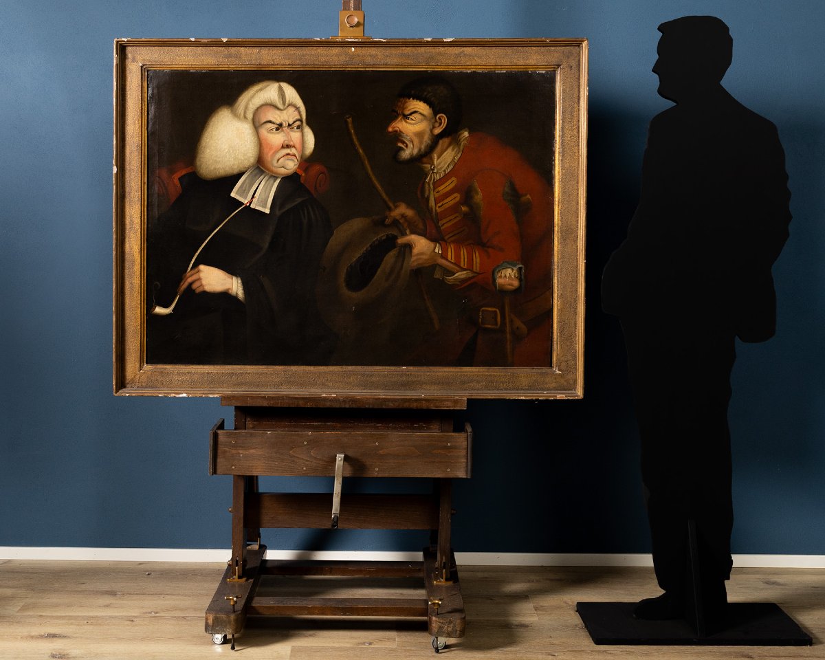 Tim Bobbin (1708-1786)? Scène caricaturale anglaise avec un juge et un mendiant, XVIIIe siècle-photo-3