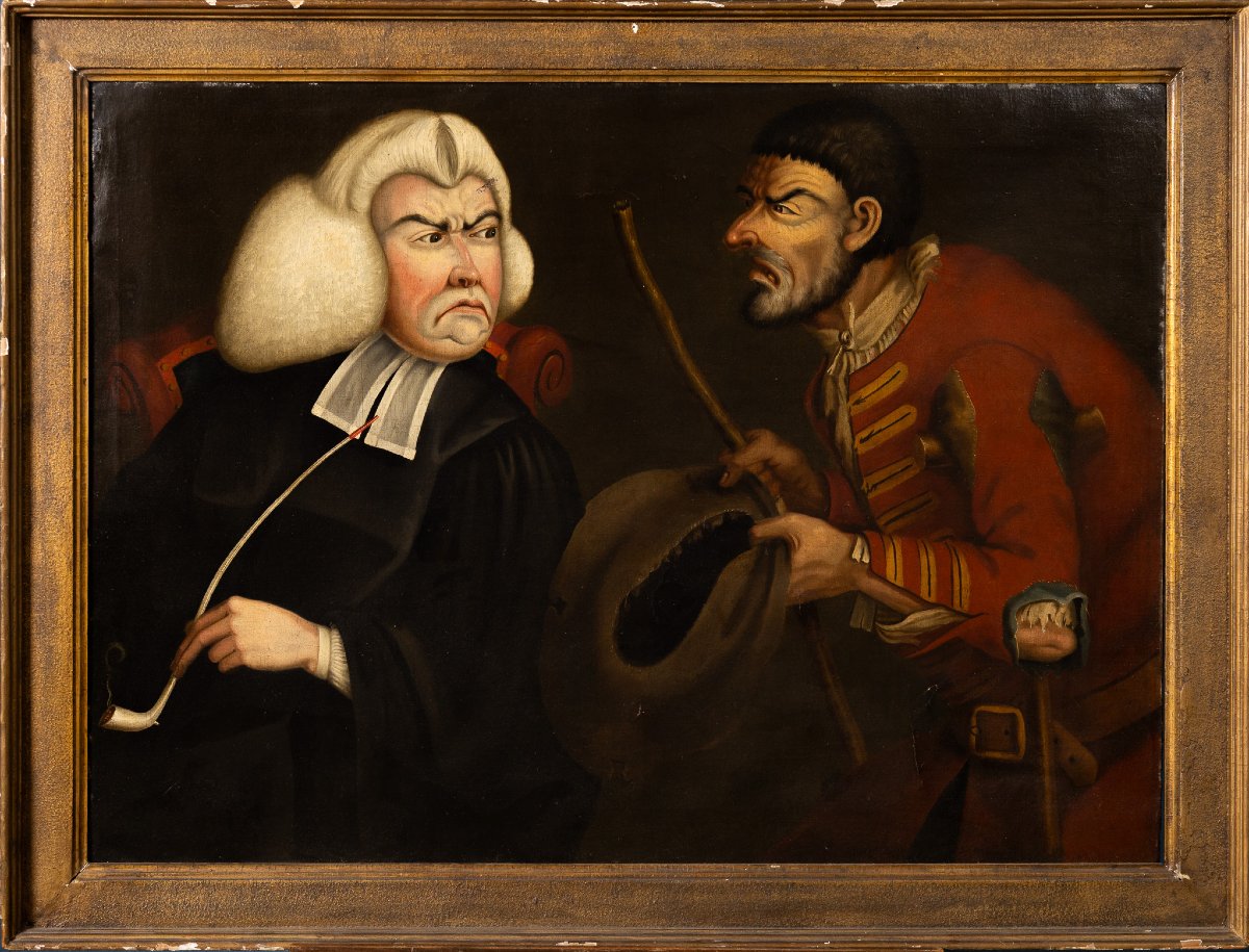 Tim Bobbin (1708-1786)? Scène caricaturale anglaise avec un juge et un mendiant, XVIIIe siècle