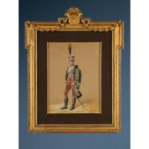Hussar Of The Kingdom Of Naples, Watercolor Signed Emmanuel Grammont, 19th Century