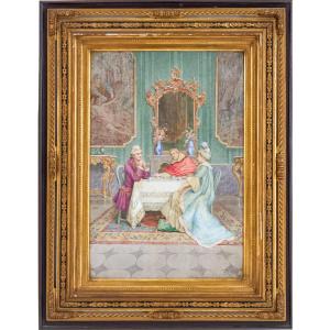 Romantic Conversation, Watercolor Signed Paolo Folchi, 19th Century