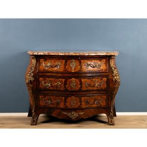 Curved Chest Of Drawers In Louis XIV Style With Inlays, Gilded Bronze Finishes And Marble Top
