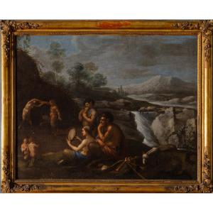 Attribué à Agostino Carracci, Paysage avec nymphes et satyres, Huile sur toile, XVIe siècle