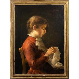 Giovanni Polli, Portrait Of A Young Girl Embroidering, Oil On Canvas