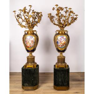 Pair Of Large Sèvres Porcelain And Gilt Bronze Vases With Floral Bouquets, France 19th Century
