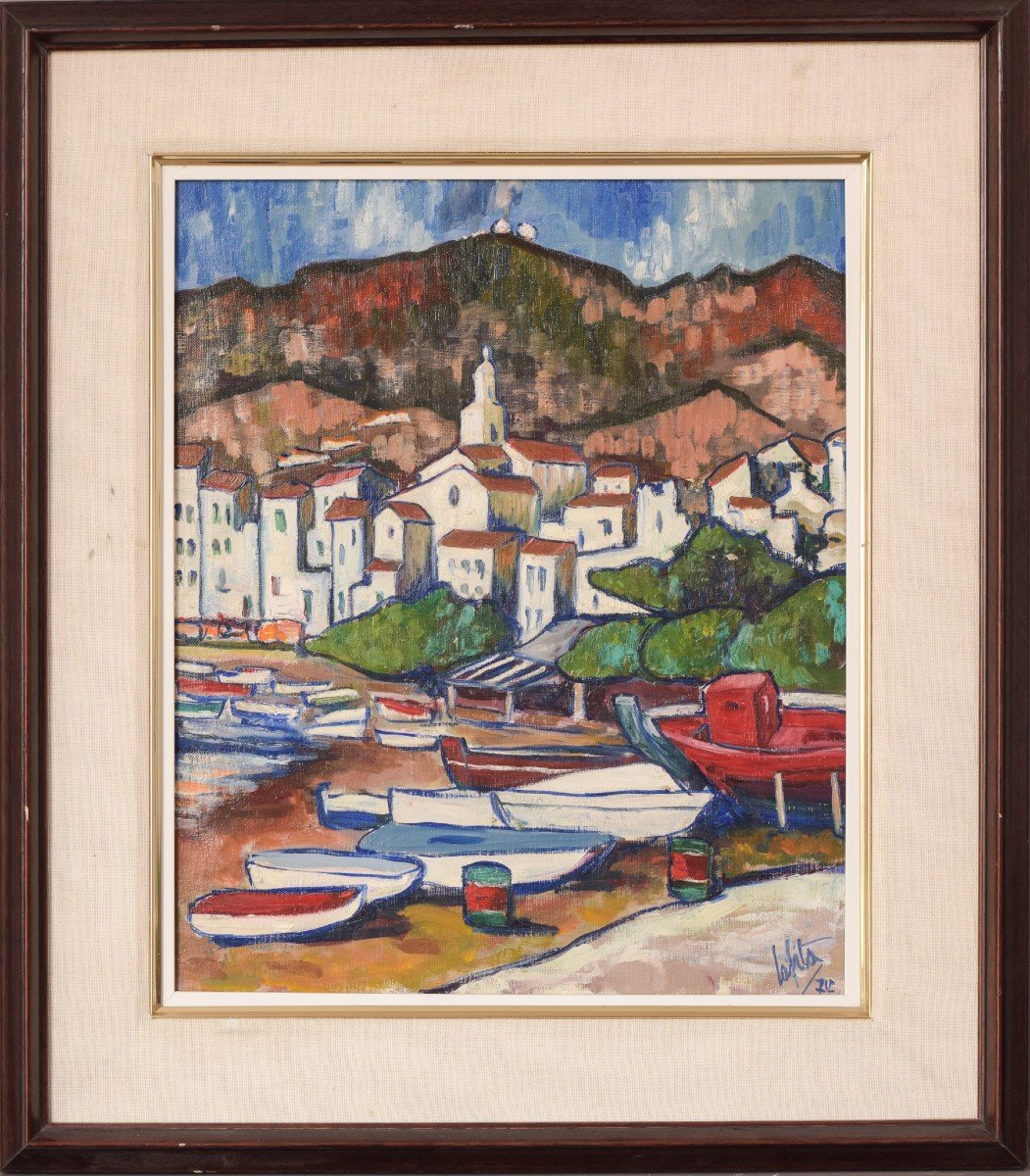 Village De Pêcheurs Avec Bateaux - Huile Sur Panneau-photo-2