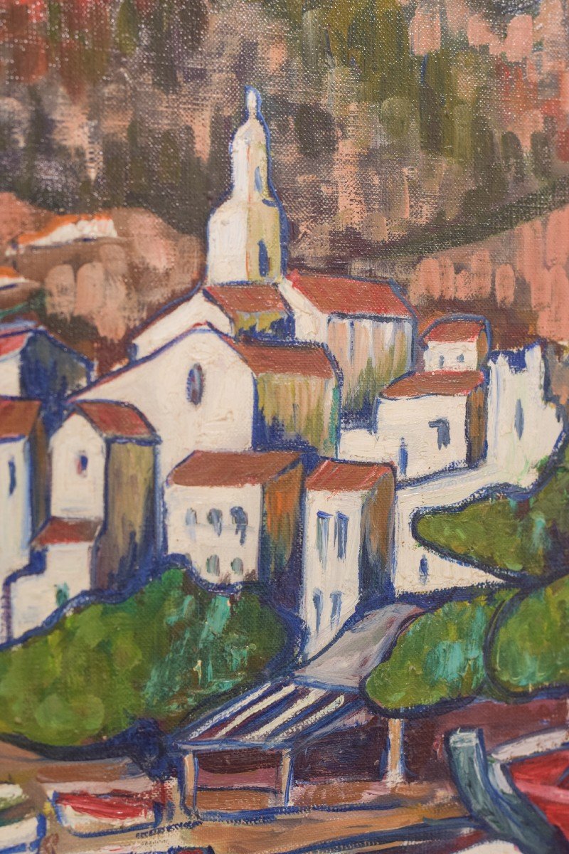 Village De Pêcheurs Avec Bateaux - Huile Sur Panneau-photo-2