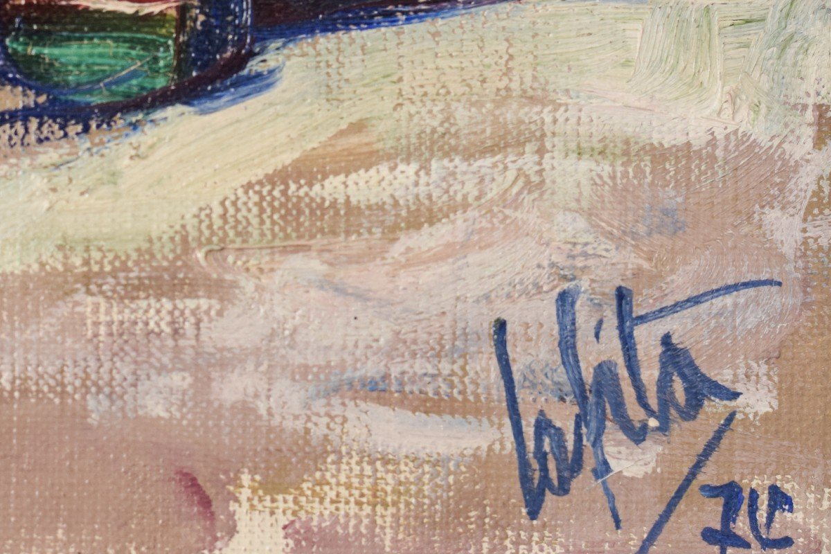 Village De Pêcheurs Avec Bateaux - Huile Sur Panneau-photo-3