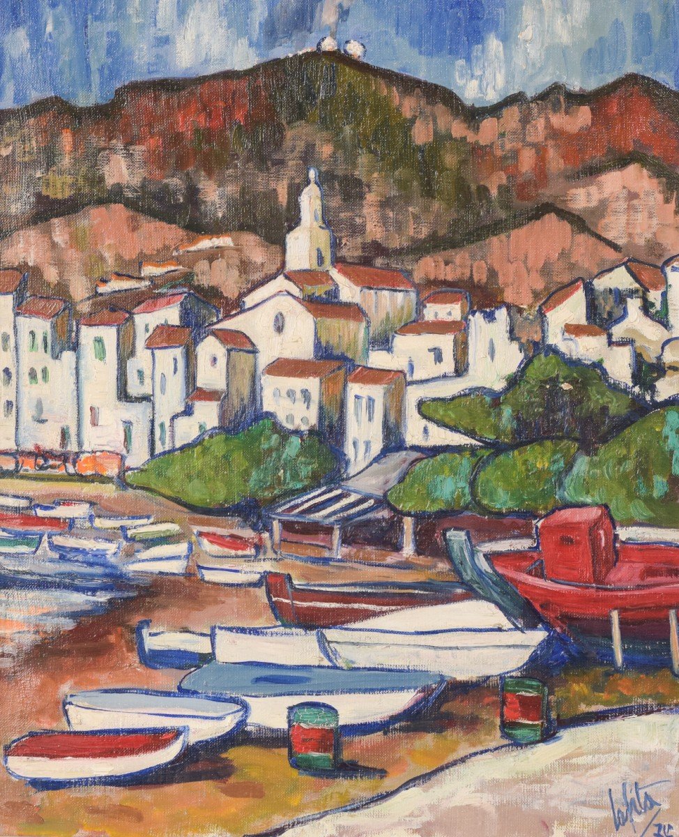 Village De Pêcheurs Avec Bateaux - Huile Sur Panneau