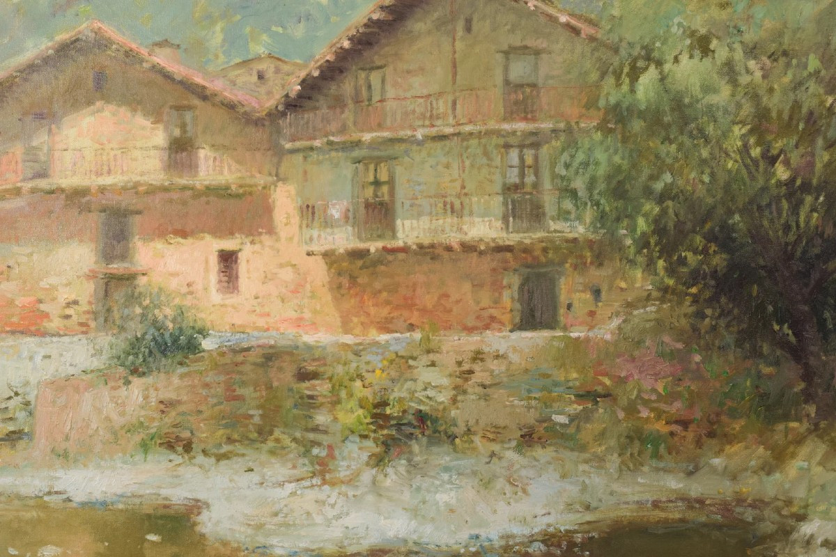 Joan Ramon Palau Junca - Impressionist Painting With River And Chalets-photo-4