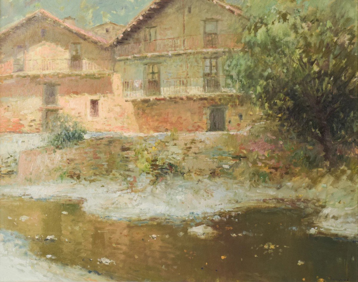 Joan Ramon Palau Junca - Impressionist Painting With River And Chalets-photo-2
