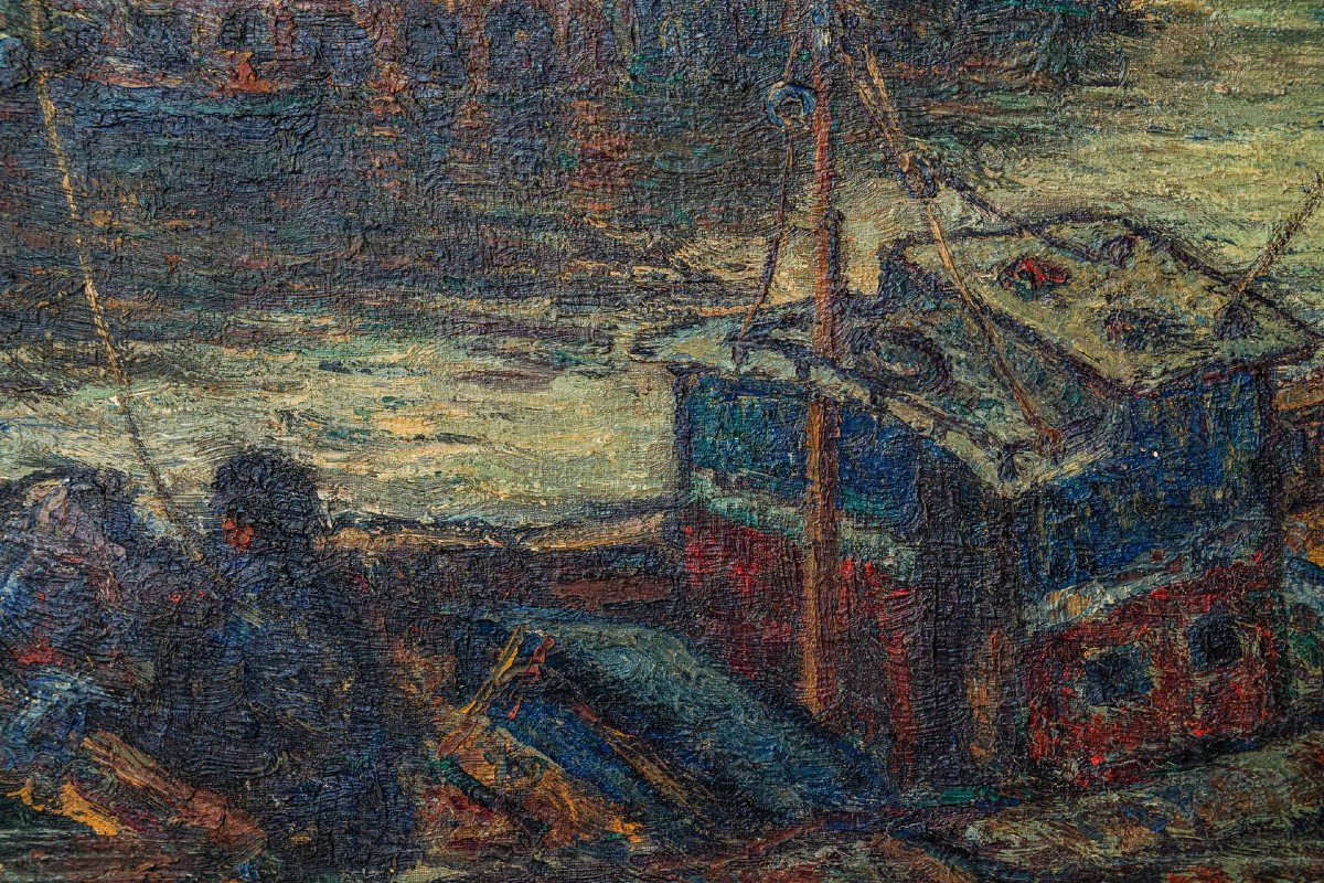 Atmospheric Impressionist Oil Signed - Barges In A Harbor-photo-3