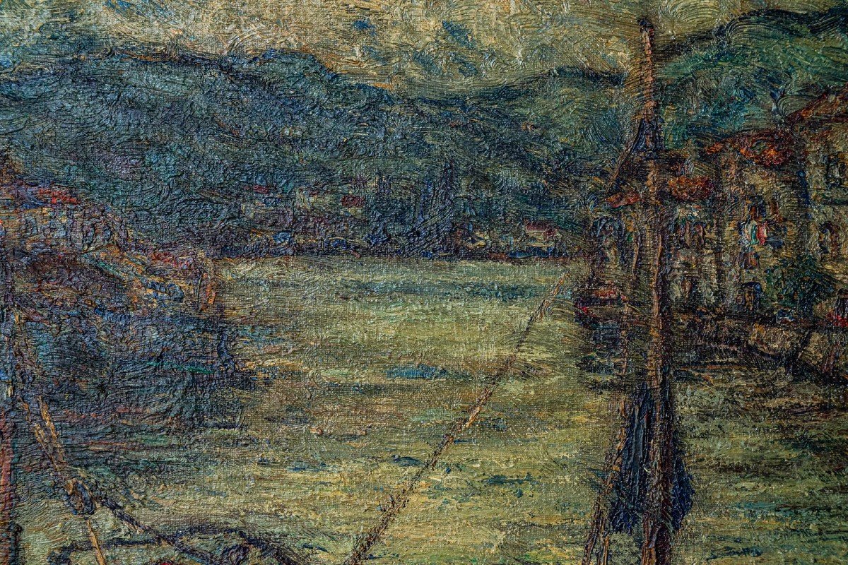 Atmospheric Impressionist Oil Signed - Barges In A Harbor-photo-4