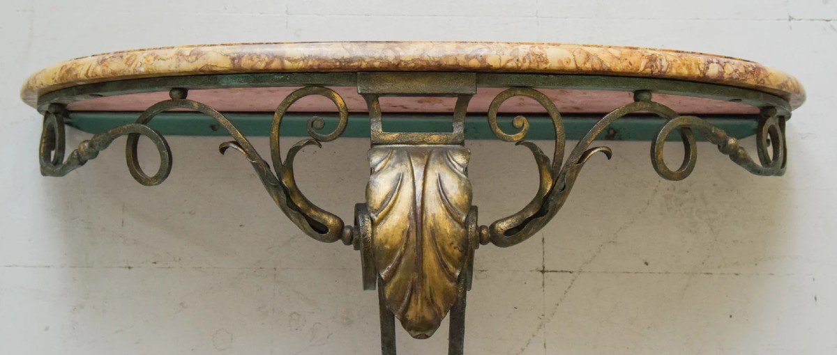 Console En Marbre Antique Et Fer Patiné Vert-de-gris-photo-4