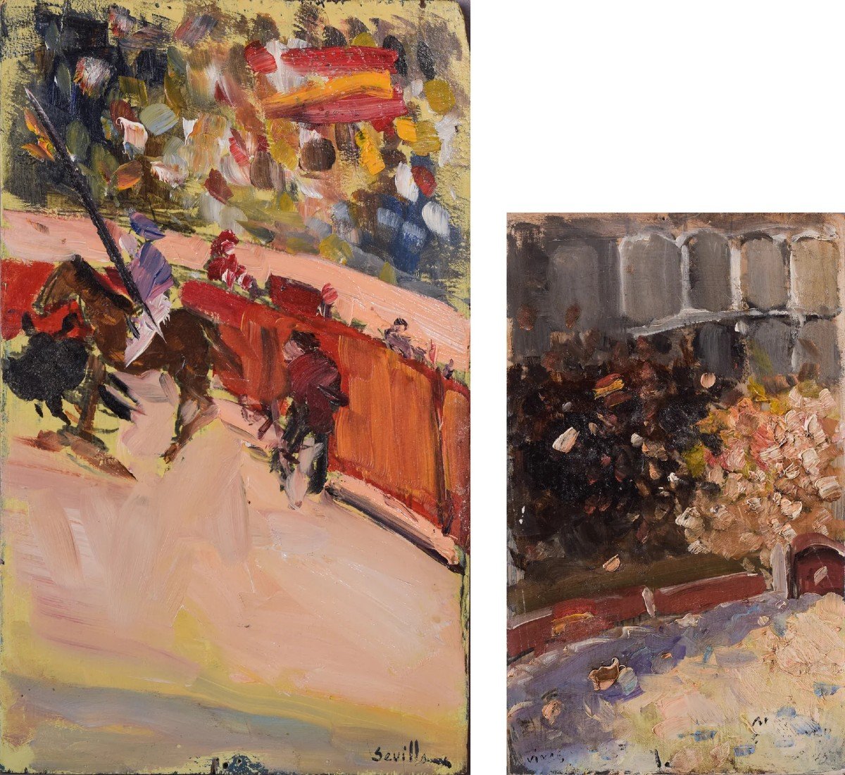 Pair Of Impressionist Oil Paintings - Sketches Of A Bullfight