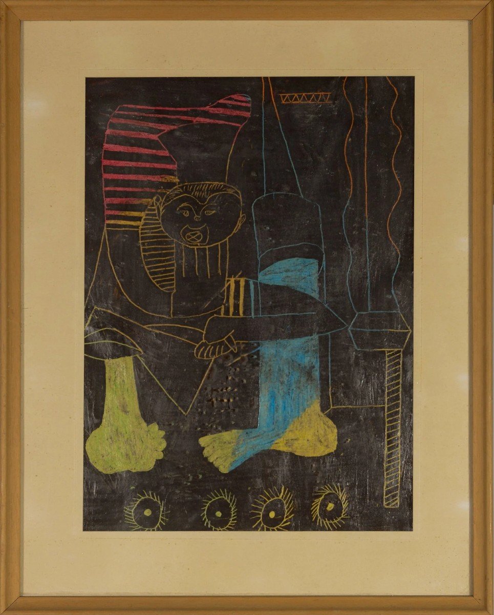 Deux Images Vintage Au Crayon d'Influence Tribale Africaine-photo-1