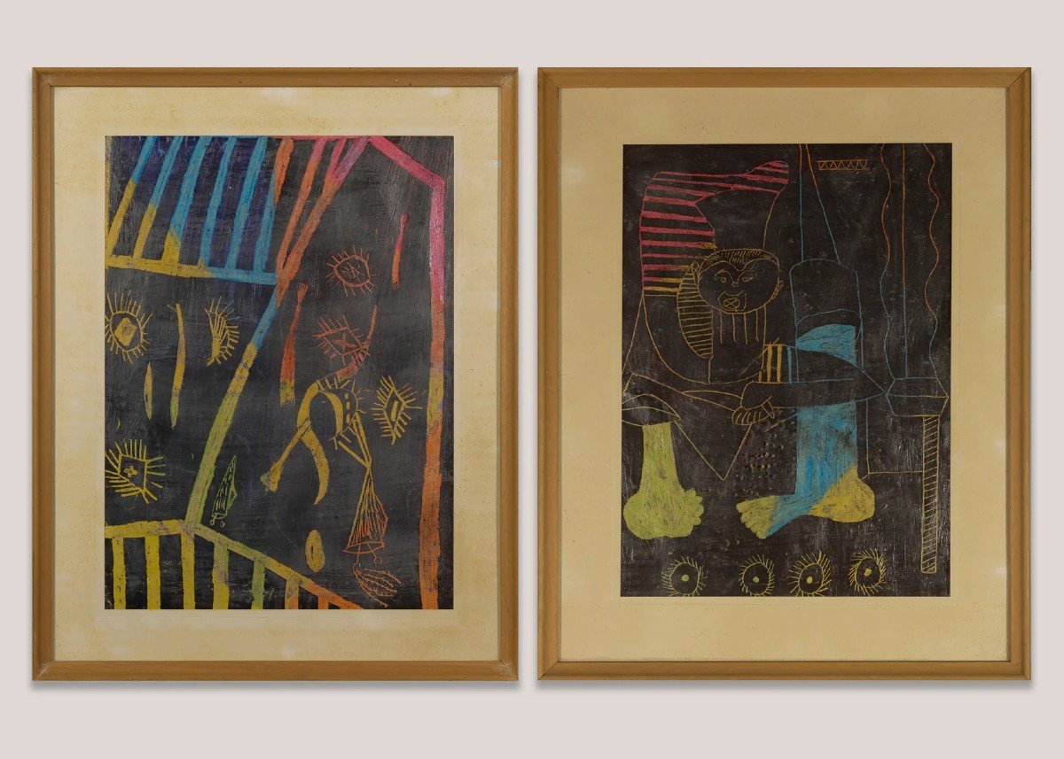 Deux Images Vintage Au Crayon d'Influence Tribale Africaine