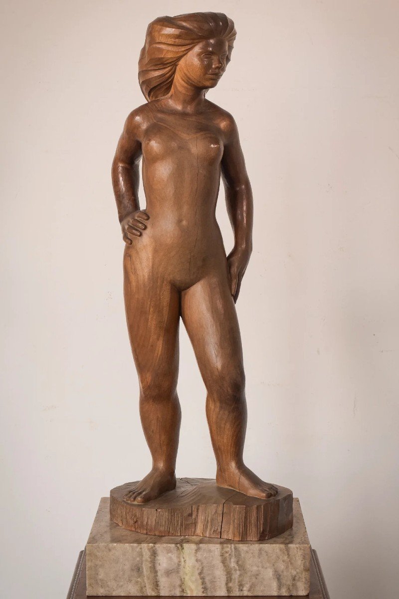 Sculpture En Bois - Femme Nue Avec Support-photo-2
