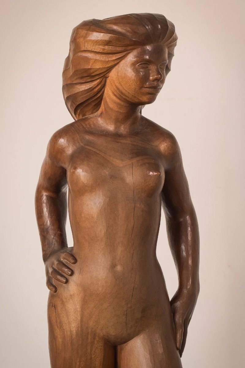 Sculpture En Bois - Femme Nue Avec Support-photo-3