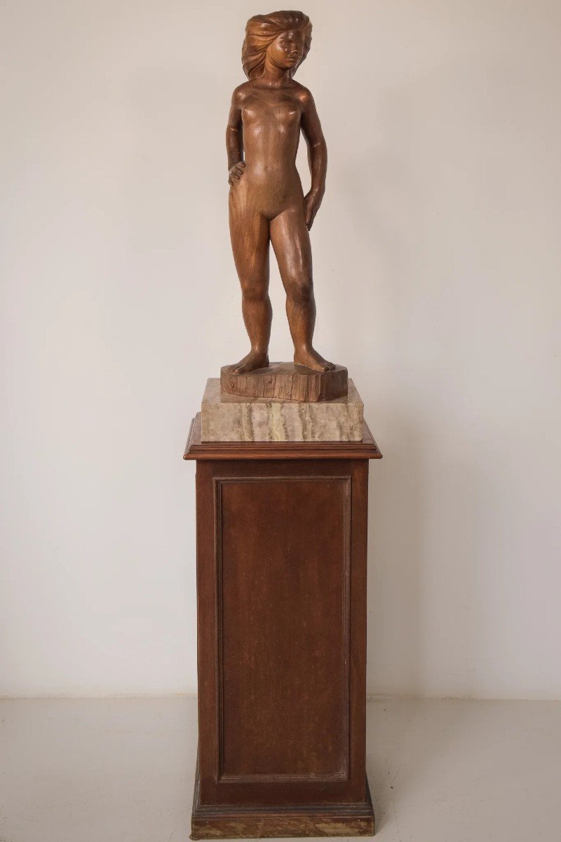 Sculpture En Bois - Femme Nue Avec Support