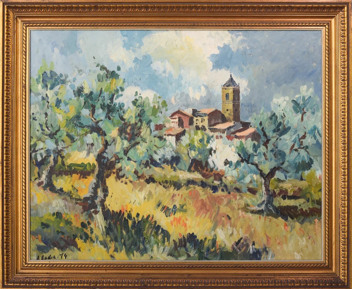 Post Impressionist Landscape - Olive Trees And Village Church-photo-2