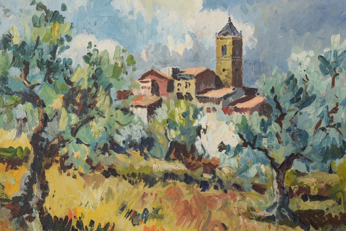 Post Impressionist Landscape - Olive Trees And Village Church-photo-3