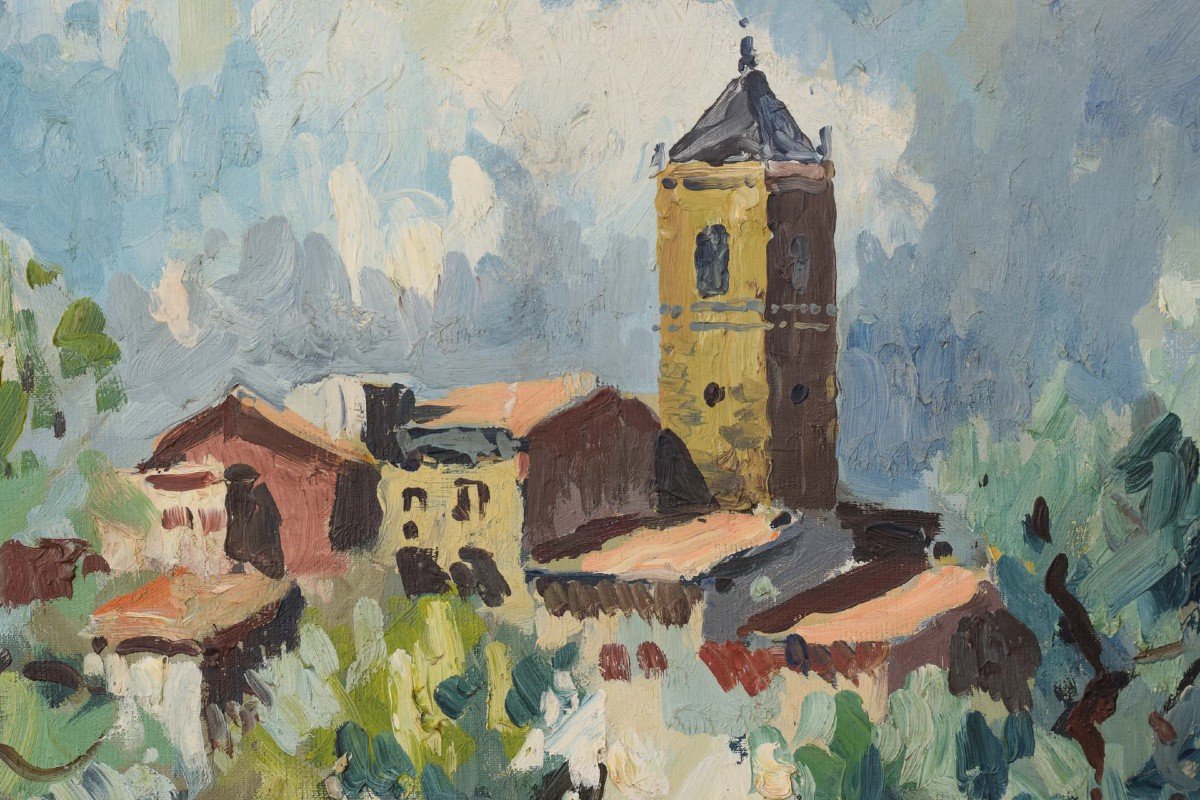 Post Impressionist Landscape - Olive Trees And Village Church-photo-4