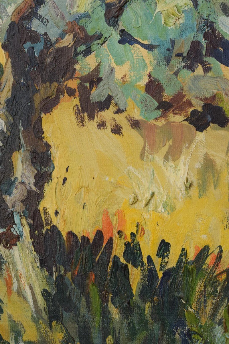 Post Impressionist Landscape - Olive Trees And Village Church-photo-2