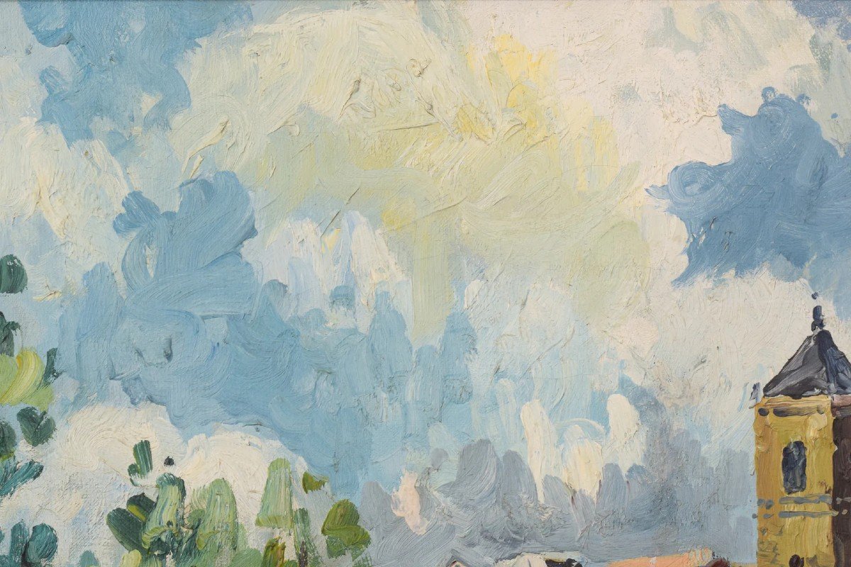 Post Impressionist Landscape - Olive Trees And Village Church-photo-4