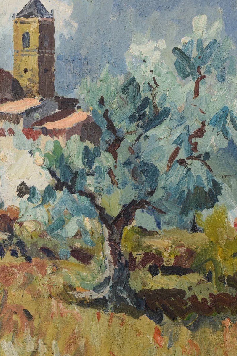 Post Impressionist Landscape - Olive Trees And Village Church-photo-5