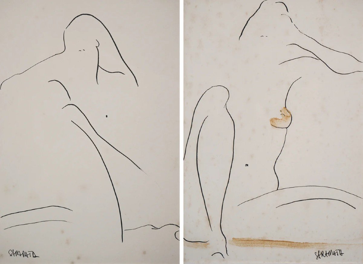 Joanna Sarapata - Two Female Nude Pen And Colour Wash Studies