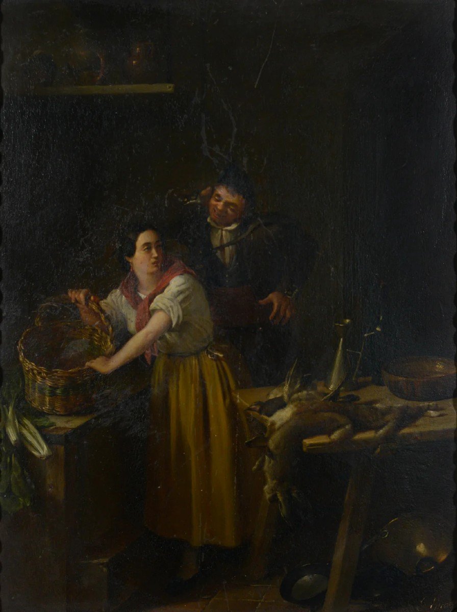 Scène De Cuisine De Genre - XVIIIe Ou Début XIXe Siècle - Signée