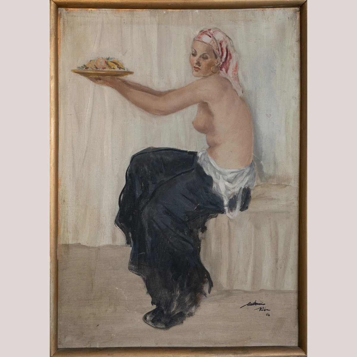 Femme Assise Offrant Des Fruits – Peinture à l'Huile d'Antonio Riba (1946)-photo-2