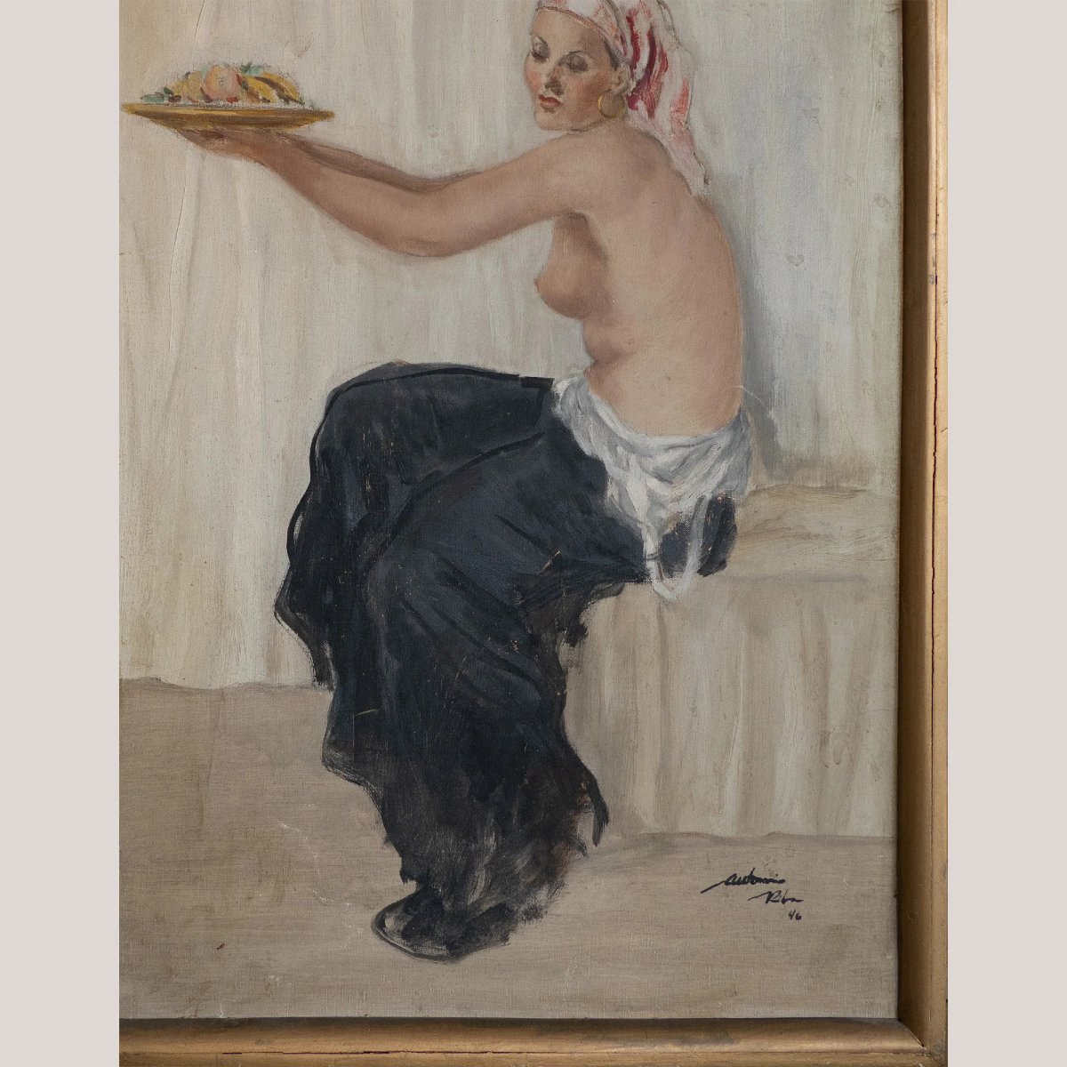 Femme Assise Offrant Des Fruits – Peinture à l'Huile d'Antonio Riba (1946)-photo-3