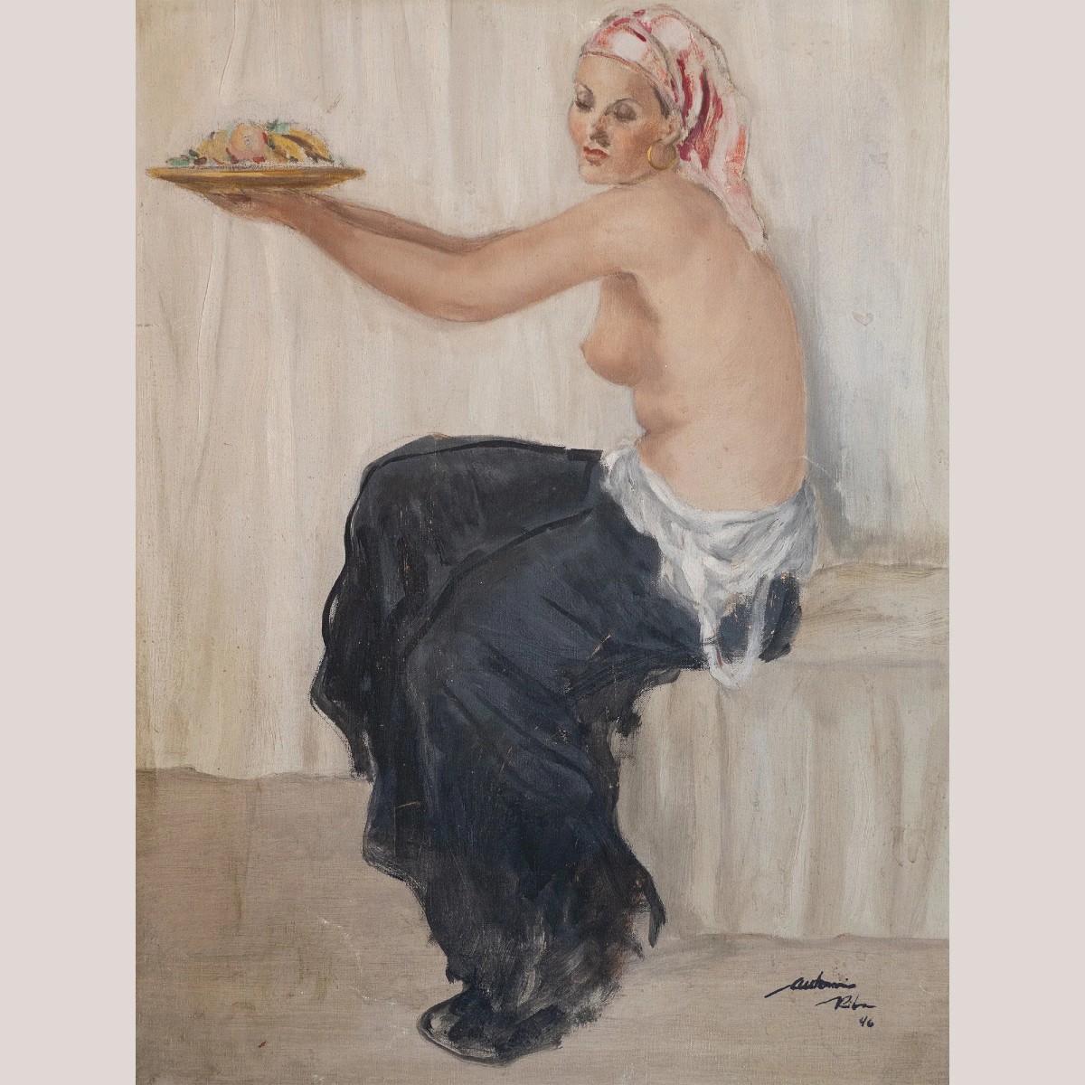 Femme Assise Offrant Des Fruits – Peinture à l'Huile d'Antonio Riba (1946)