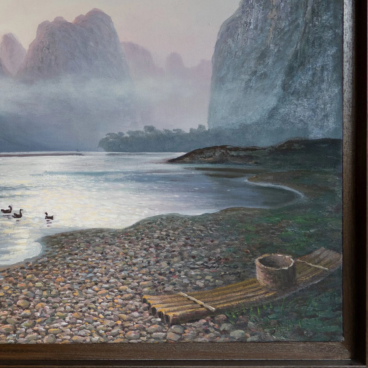 Tranquil Dawn On The Li River – Misty Karst Mountains – Oil On Canvas-photo-3