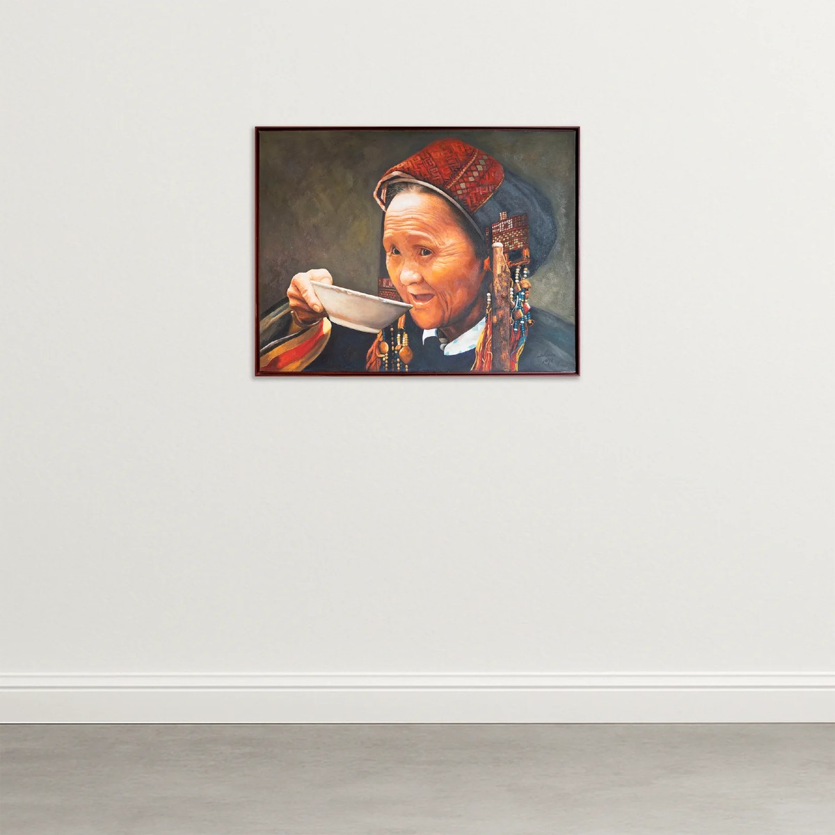 Portrait Of A Tribal Woman Drinking Tea - Oil On Canvas-photo-2