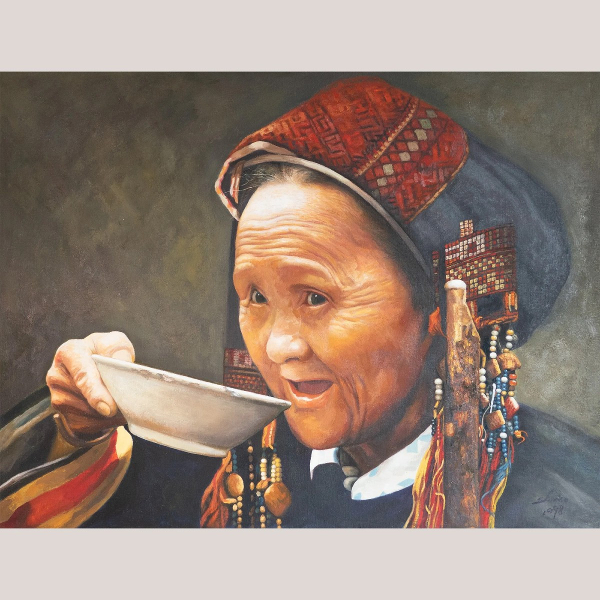 Portrait d'Une Femme Tribale Buvant Du Thé - Huile Sur Toile
