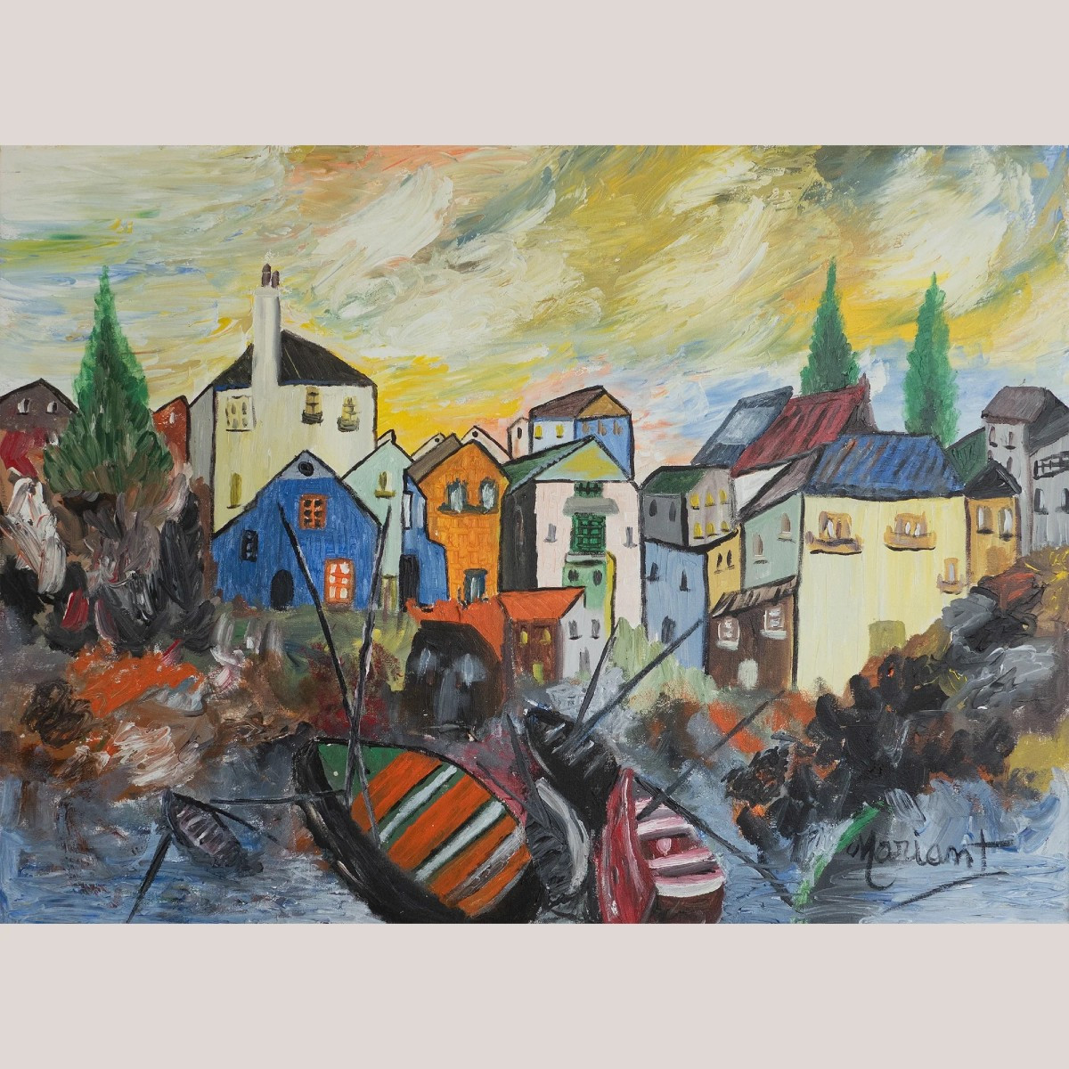 Scène De Village Méditerranéen Coloré Avec Des Bateaux